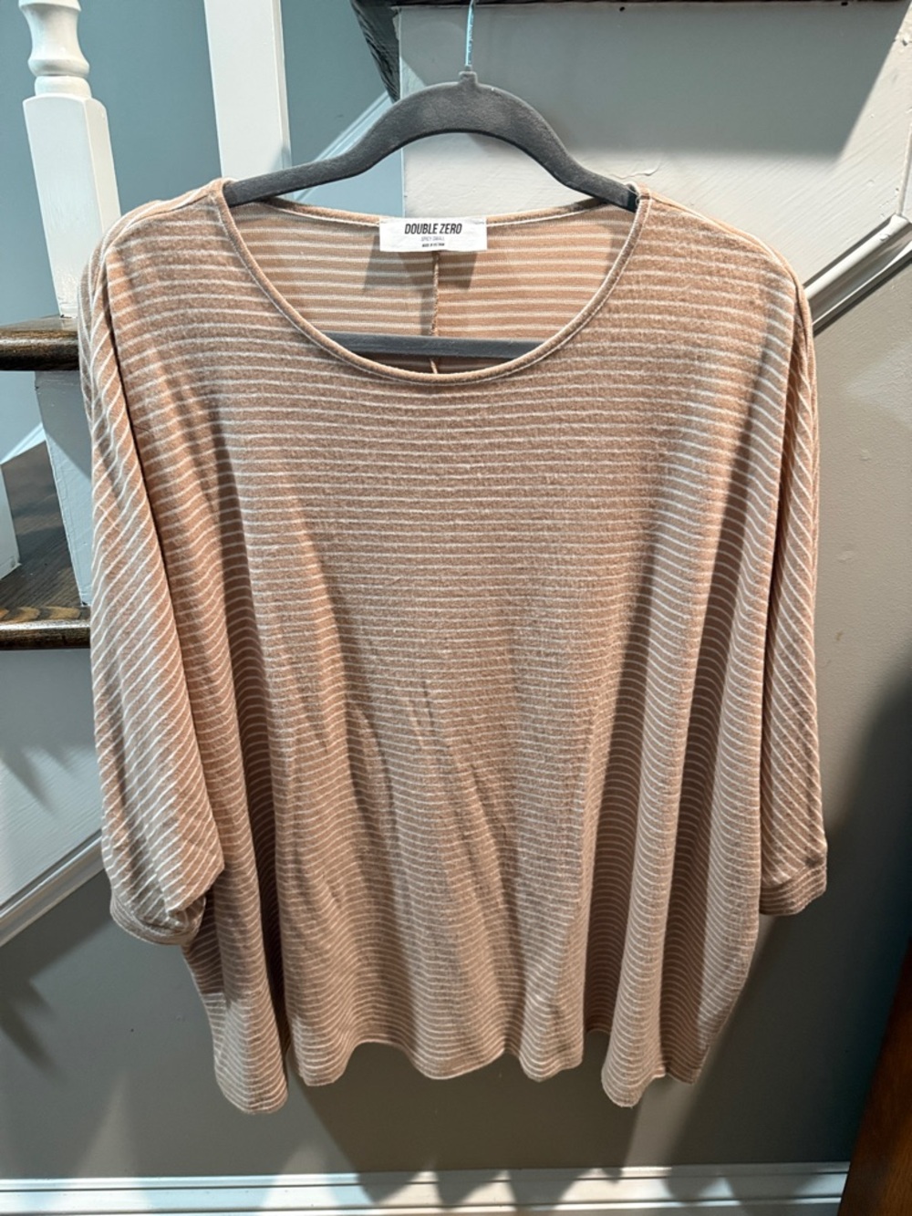Double Zero Beige and White Striped Short Sleeve Crewneck Top